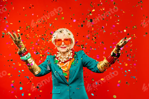 Preview: Cool and stylish senior old woman with fashionable clothes