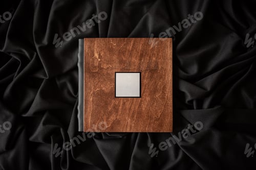 Preview: Wooden book with a nameplate on a black fabric background.