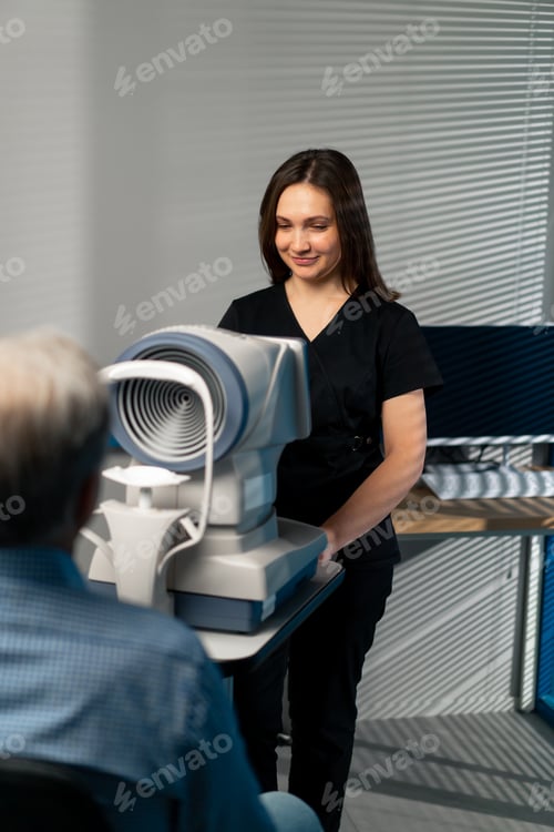 Preview: in an ophthalmology clinic female doctor in a black uniform performs a diagnosis on an elderly