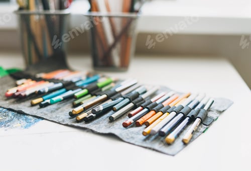 Preview: Fabric pencil case with the colored pencils close up artist tools selective focus
