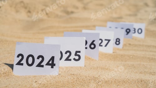 Preview: Paper cards with numbers of years from 2024 to 2030 in a row. New year start concept. Resolution