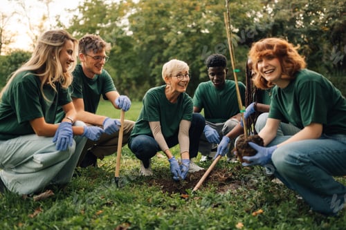 Preview: Group of volunteers planting trees in park