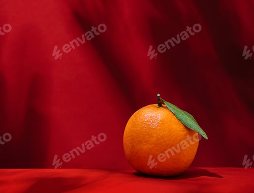 Preview: Ripe tangerine with green leaf on red background