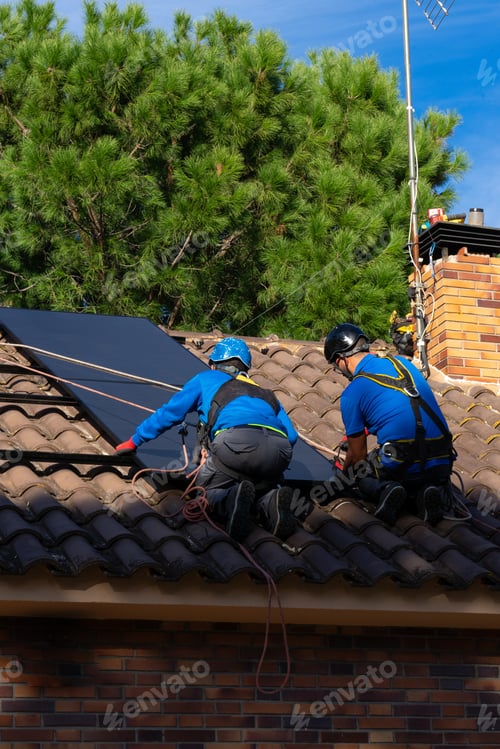 Preview: Two men installing solar panels on a house. Renewable energy. Solar energy