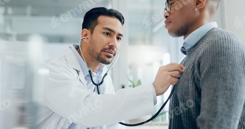 Preview: Doctor, patient or office with stethoscope for check, man with virus or bacteria infection. People,
