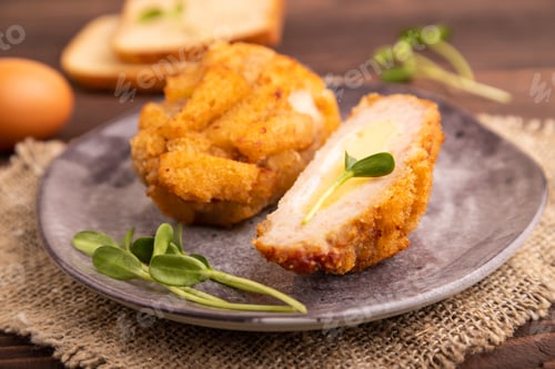 Preview: Chicken Schnitzel on gray plate with microgreen on brown wooden background. side view