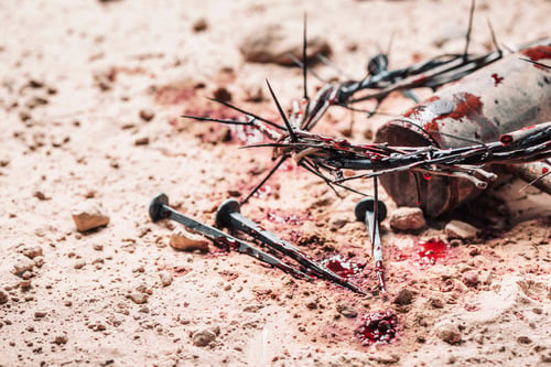 Preview: Crown of thorns, hammer, bloody nails on ground. Good Friday, Passion of Jesus Christ. Christian