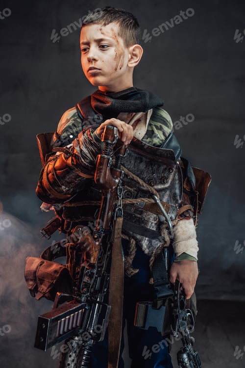 Preview: Preschool apocalyptic hunter with riffle and pistol in smoke