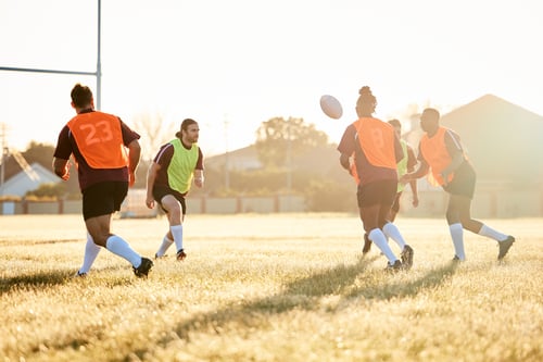 Preview: Rugby, training and men with ball to score goal on field at game, match or practice workout. Sports