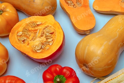Preview: Variety of vegetables including pumpkins on blue pastel background