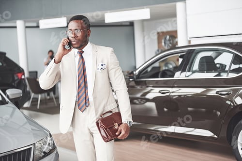 Preview: Young black businessman on auto salon background. Car sale and rent concept