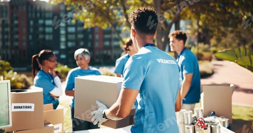 Preview: Box, volunteer team and outdoor for donation, help and back for community care. NGO group, man and