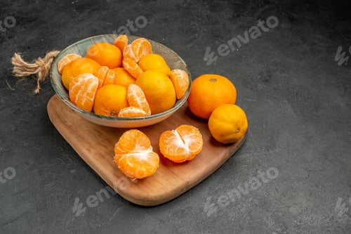 Preview: front view tasty juicy tangerines inside plate on grey background citrus fruits color photo sour