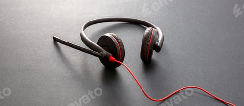 Preview: Headset on black background. Call center, home office, customer service support, help desk