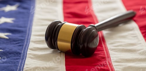 Preview: Justice in USA. Law gavel on United States of America flag.