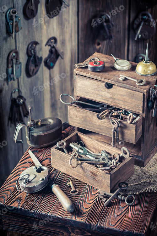 Preview: Locksmiths workshop with ancient tools and locks