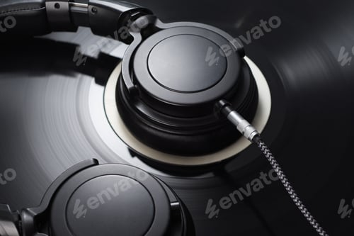 Preview: Vinyl record with black headphones close-up.