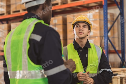 Preview: Staff worker friends relax enjoy talking together work in warehouse inventory goods stock.