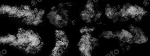 Preview: A set of eight different types of swirling wriggling smoke, vapor isolated on a black for overlaying