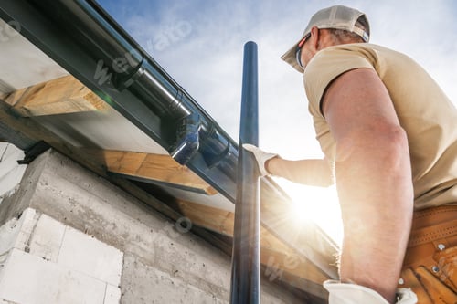 Preview: Construction Roof Worker Installing House Gutters