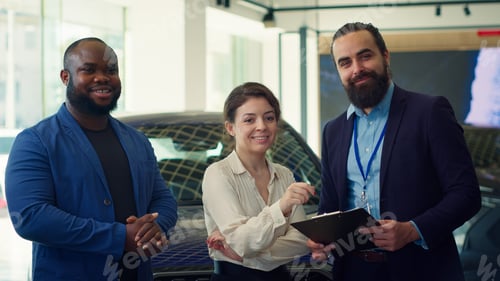 Preview: Portrait of happy car dealership salesman meeting with customers