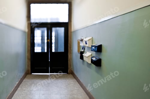 Preview: Mail boxes in apartment building corridor.