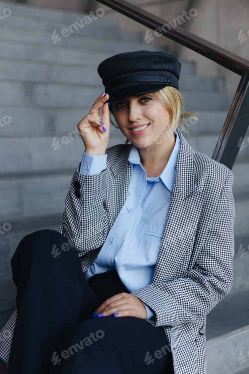 Preview: Smiling woman in trendy cap sitting on stairs