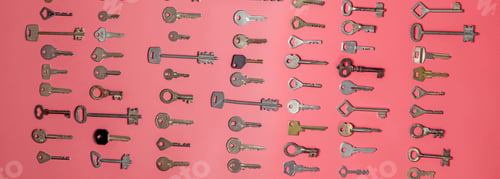 Preview: Keys set on pink background. Door lock keys and safes for proper
