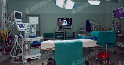 Preview: Empty, dark hospital and room for operation, emergency service and healing patient. Healthcare back
