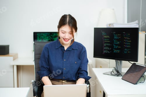 Preview: Confident female coder working on laptop with programming code on screens. Great for tech, coding,