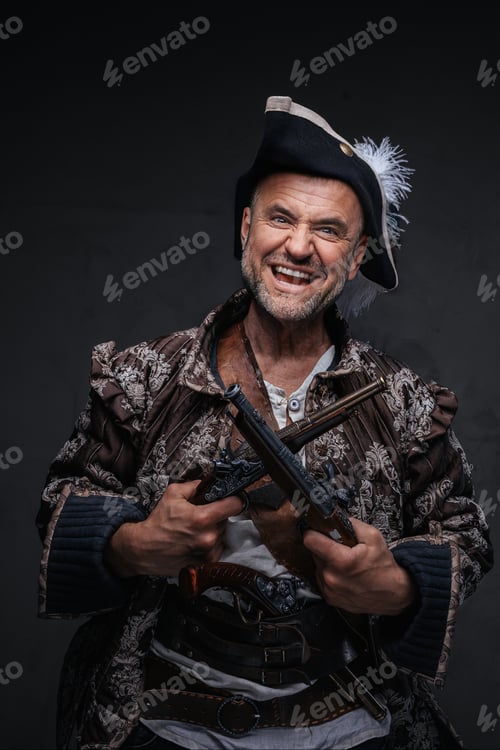 Preview: Seasoned pirate with a grey beard dressed in a brown pirate vest