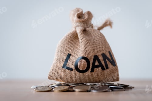 Preview: Loan Burlap Bag on Coins on Wood Surface