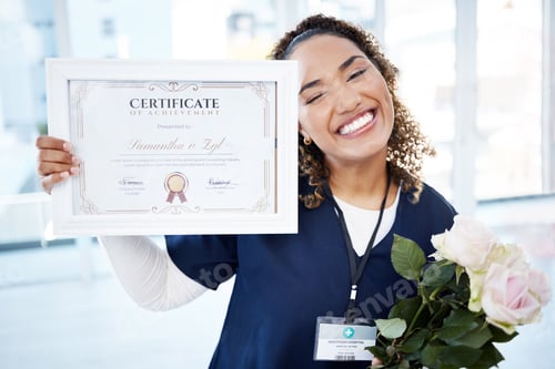 Preview: Certificate, flowers and portrait with a black woman graduate or nurse in the hospital, proud of he