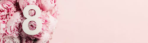 Preview: 8 March. Happy Women's Day. Creative layout. Pink peony flowers and digit eight 8. Birthday