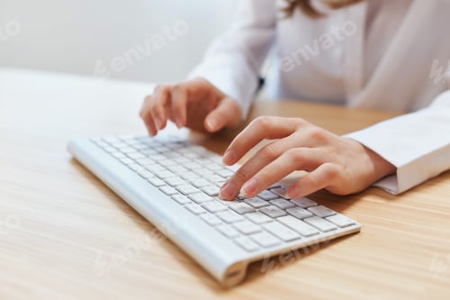 Preview: Closeup shot hands of businesswoman journalist office worker freelancer typing report doing