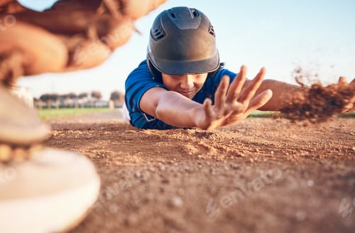 Preview: Slide, baseball action and player in a match or game for sports competition on a pitch in a stadium