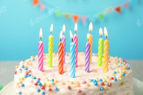 Preview: Delicious birthday cake with burning candles, closeup