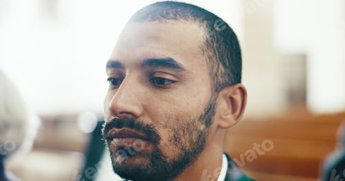 Preview: Sad, man and face closeup with depression at a funeral in church for religious service and mourning