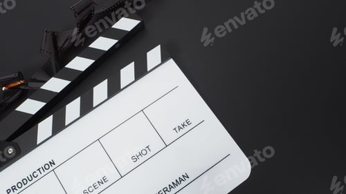 Preview: Clapper board or movie slate and film roll on black background.