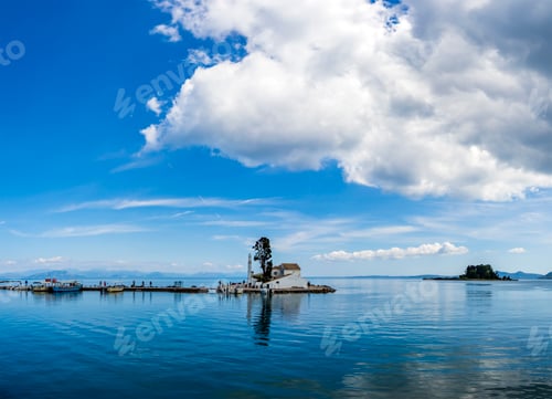 Preview: Kanoni hill area in Corfu, with Vlacherna Monastery.