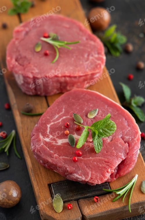 Preview: Raw beef fillet steaks with herbs and spices on wooden board on dark background close up