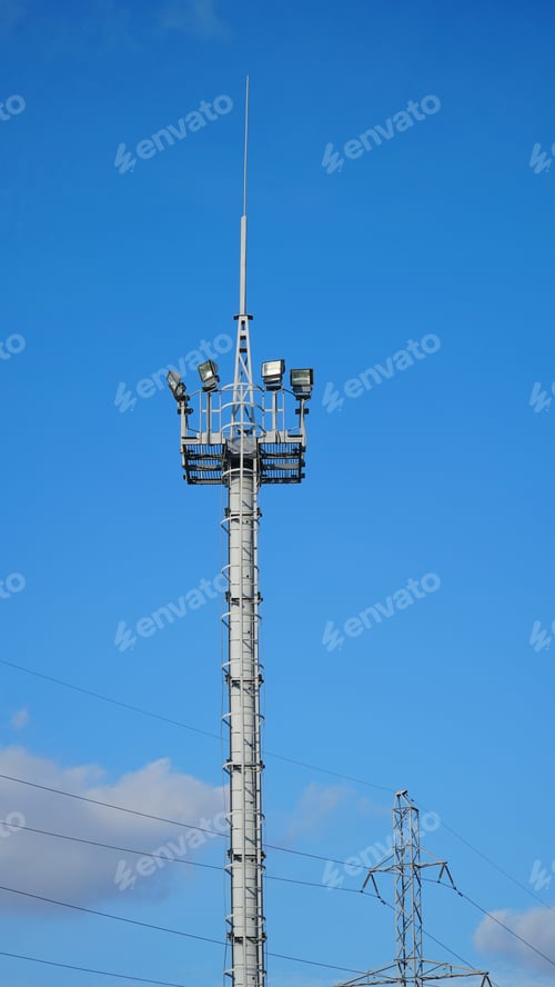 Preview: High lighting mast against the blue sky. View from below. Full height.