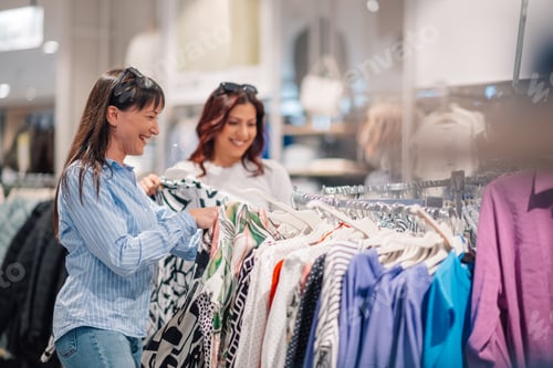 Preview: Smiling female customers at boutique choosing and shopping dress.