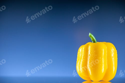 Preview: front view yellow bell pepper reflection on mirror on dark blue ombre background