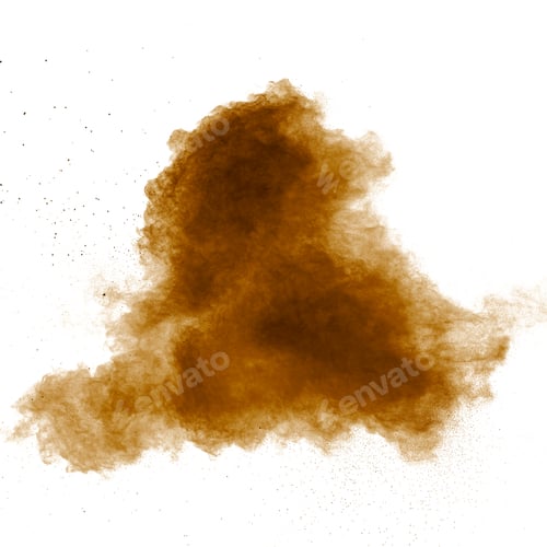 Vista previa: Freeze motion of brown powder exploding. Brown dust cloud against white background.