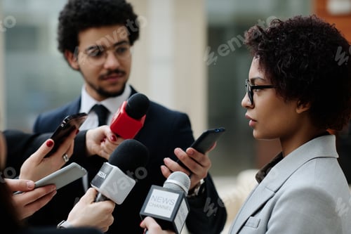Preview: Businesswoman talking to reporters at conference