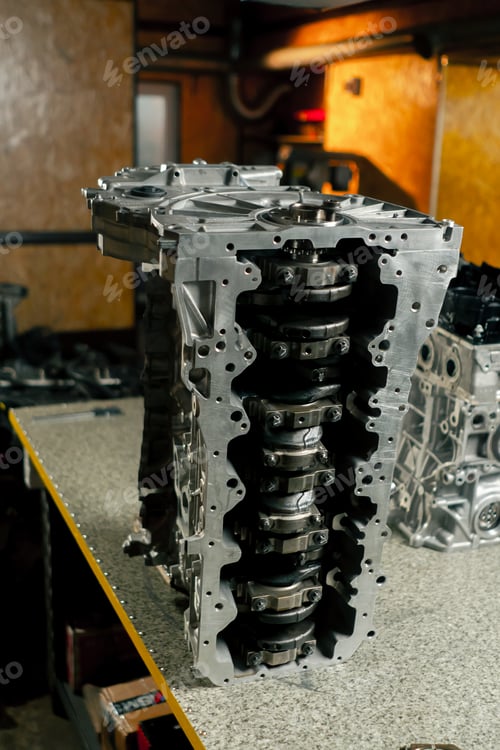 Preview: crankshaft set of pistons close-up on desktop of an auto mechanic Spare parts of the car suspension