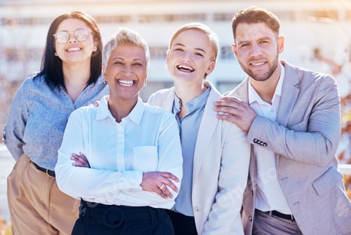 Preview: Happiness, business team and portrait of group of people outside office, happy employees at creativ