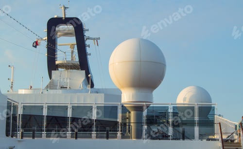 Preview: Communication antennas and other electronic equipment on the upper deck of the cruise liner MSC
