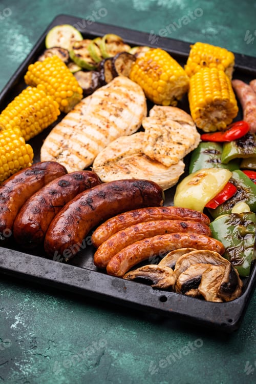 Preview: Grilled sausages, meat, and vegetables